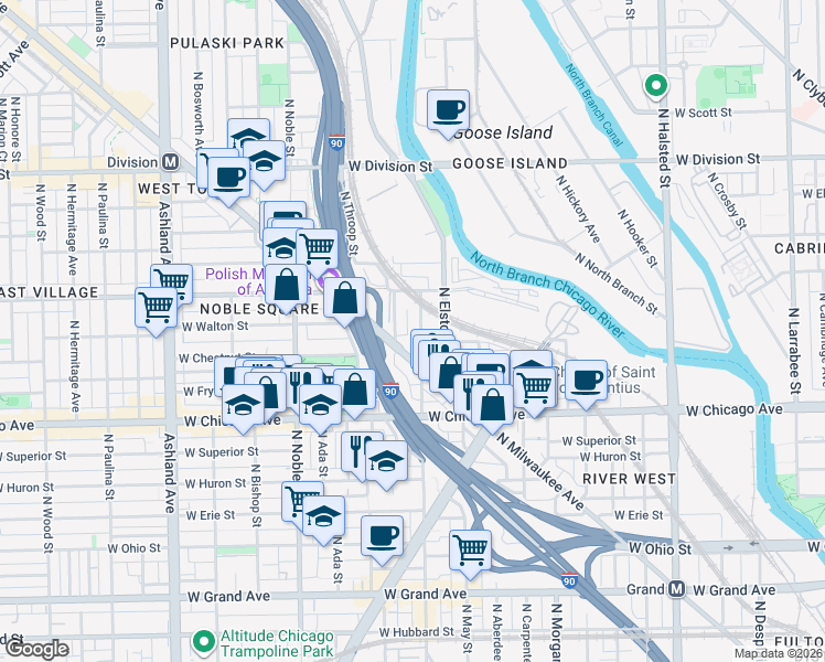 map of restaurants, bars, coffee shops, grocery stores, and more near 1223 West Chestnut Street in Chicago