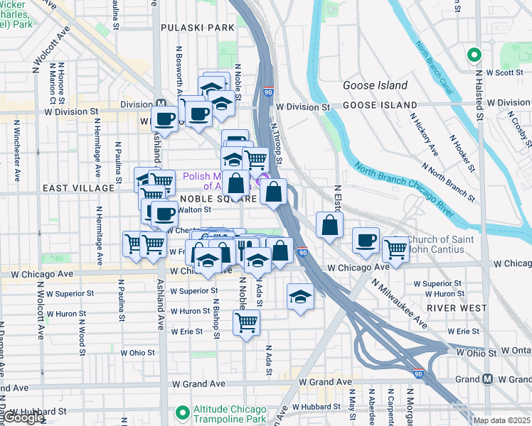 map of restaurants, bars, coffee shops, grocery stores, and more near 1357 West Chestnut Street in Chicago