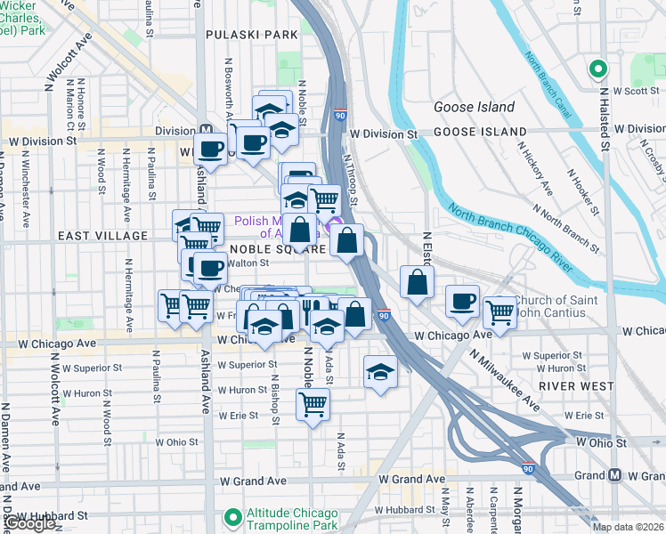 map of restaurants, bars, coffee shops, grocery stores, and more near 1357 West Chestnut Street in Chicago
