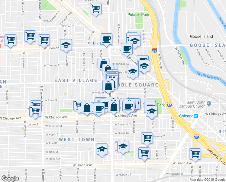 map of restaurants, bars, coffee shops, grocery stores, and more near 902 North Ashland Avenue in Chicago