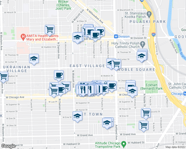 map of restaurants, bars, coffee shops, grocery stores, and more near 903 North Wood Street in Chicago