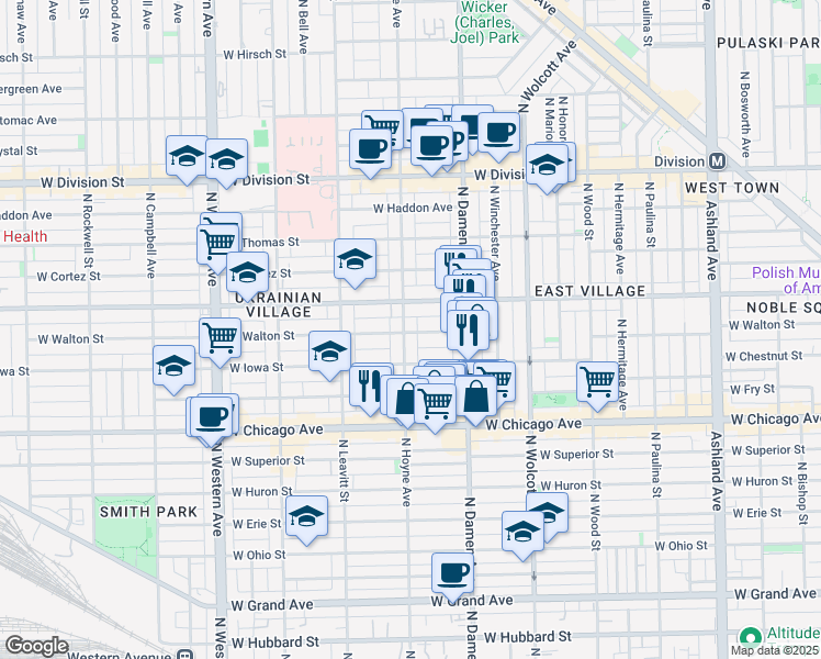 map of restaurants, bars, coffee shops, grocery stores, and more near in Chicago