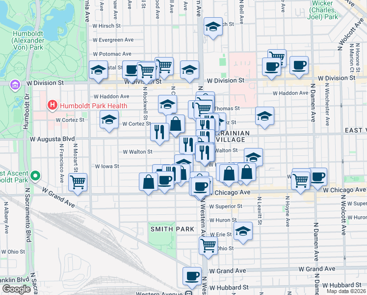map of restaurants, bars, coffee shops, grocery stores, and more near 2440 West Iowa Street in Chicago