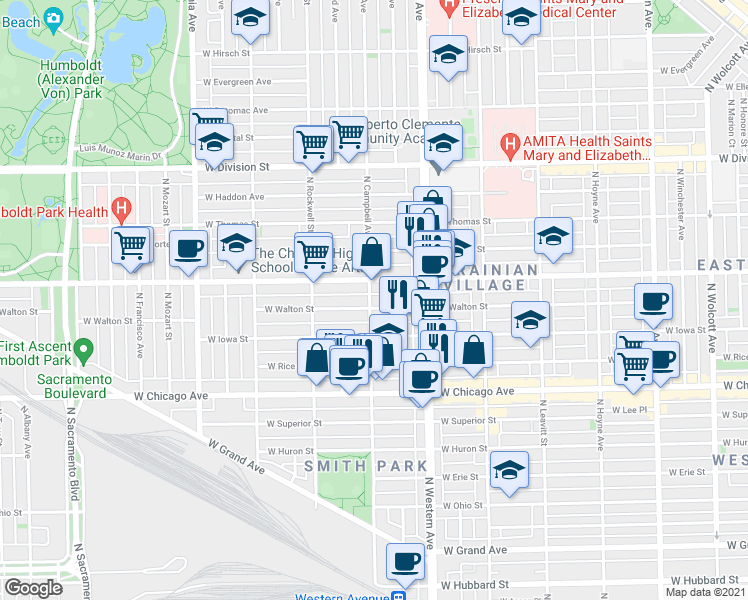 map of restaurants, bars, coffee shops, grocery stores, and more near 2440 West Iowa Street in Chicago