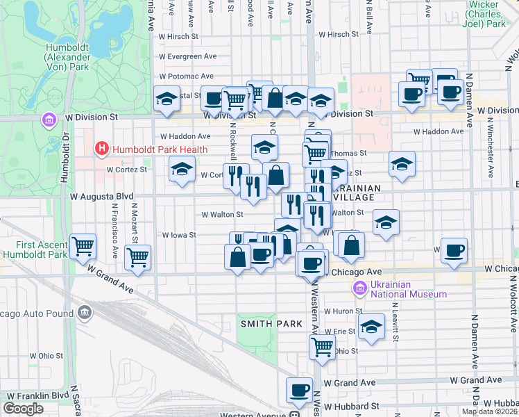 map of restaurants, bars, coffee shops, grocery stores, and more near 2516 West Iowa Street in Chicago