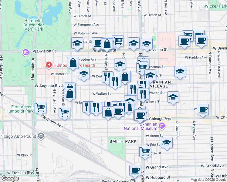 map of restaurants, bars, coffee shops, grocery stores, and more near 917 North Rockwell Street in Chicago