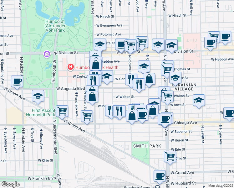 map of restaurants, bars, coffee shops, grocery stores, and more near 2627 West Walton Street in Chicago