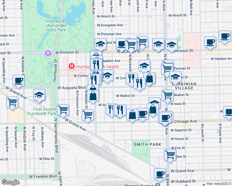 map of restaurants, bars, coffee shops, grocery stores, and more near in Chicago