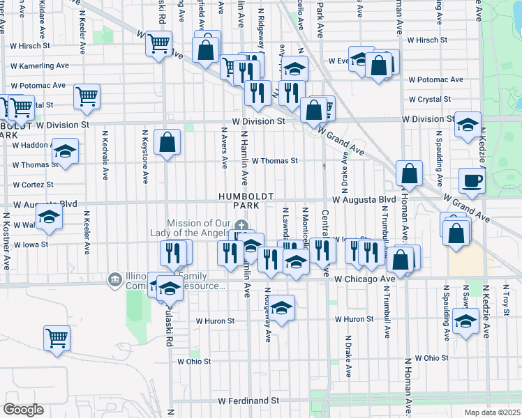 map of restaurants, bars, coffee shops, grocery stores, and more near 923 North Ridgeway Avenue in Chicago