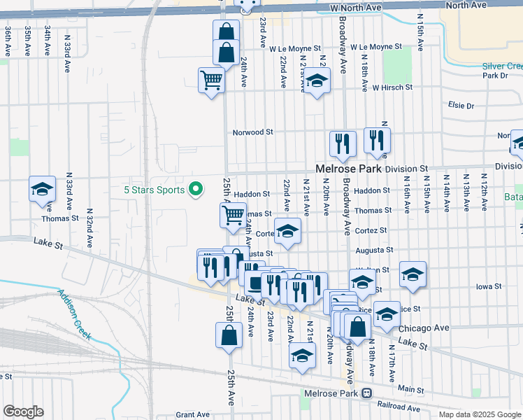 map of restaurants, bars, coffee shops, grocery stores, and more near 1203 North 24th Avenue in Melrose Park