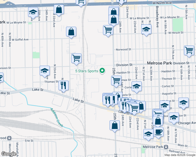 map of restaurants, bars, coffee shops, grocery stores, and more near 1125 North 27th Avenue in Melrose Park