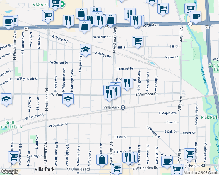 map of restaurants, bars, coffee shops, grocery stores, and more near 16 West Vermont Street in Villa Park
