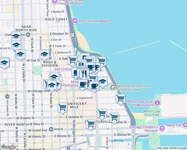 map of restaurants, bars, coffee shops, grocery stores, and more near 222 East Pearson Street in Chicago