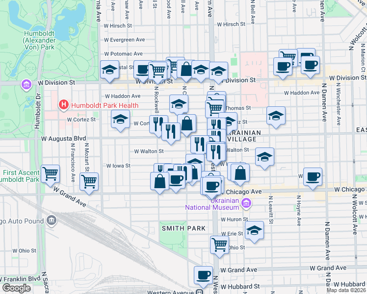 map of restaurants, bars, coffee shops, grocery stores, and more near 2516 West Iowa Street in Chicago
