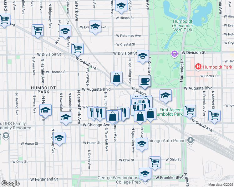 map of restaurants, bars, coffee shops, grocery stores, and more near 925 North Homan Avenue in Chicago