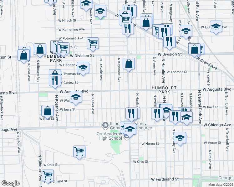 map of restaurants, bars, coffee shops, grocery stores, and more near 924 North Keystone Avenue in Chicago