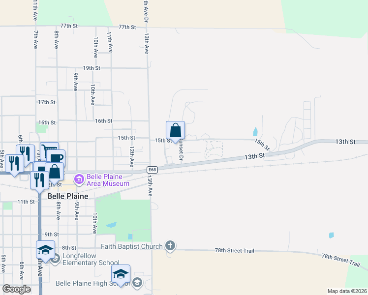 map of restaurants, bars, coffee shops, grocery stores, and more near 1407 Sunset Drive in Belle Plaine