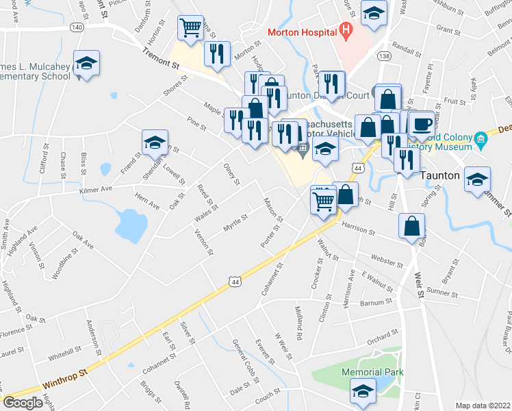 map of restaurants, bars, coffee shops, grocery stores, and more near 7 Myrtle Street in Taunton