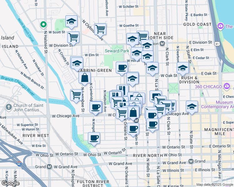 map of restaurants, bars, coffee shops, grocery stores, and more near 361 West Chestnut Street in Chicago