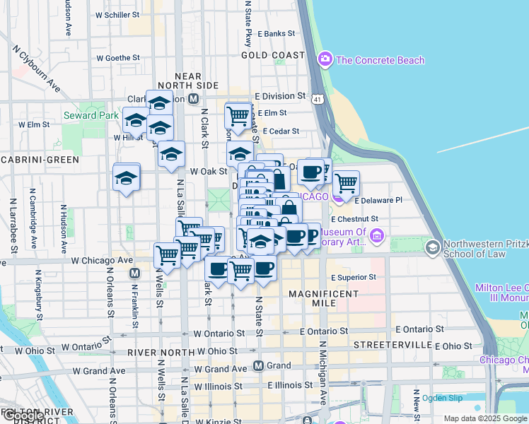 map of restaurants, bars, coffee shops, grocery stores, and more near 1 East Delaware Place in Chicago