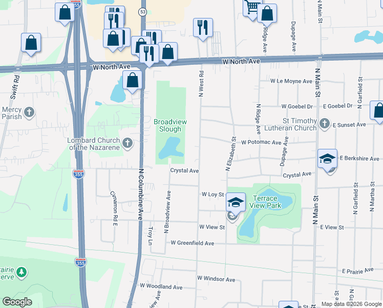 map of restaurants, bars, coffee shops, grocery stores, and more near 508 North West Road in Lombard