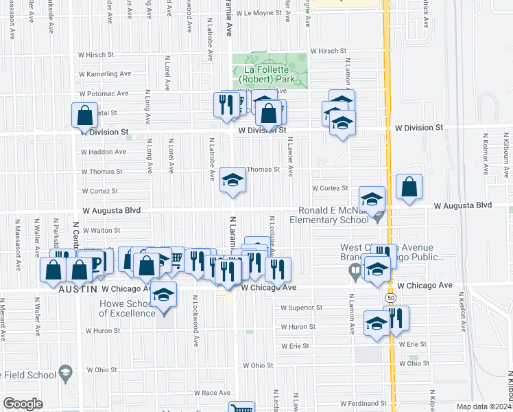map of restaurants, bars, coffee shops, grocery stores, and more near 5124 West Augusta Boulevard in Chicago