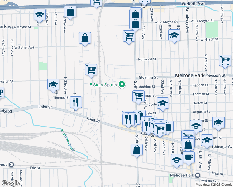 map of restaurants, bars, coffee shops, grocery stores, and more near 1125 North 27th Avenue in Melrose Park