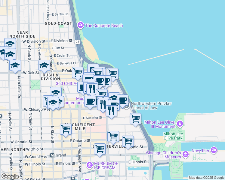 map of restaurants, bars, coffee shops, grocery stores, and more near 250 East Pearson Street in Chicago