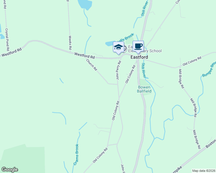 map of restaurants, bars, coffee shops, grocery stores, and more near 7 Church Road in Eastford