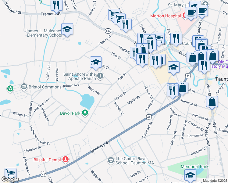 map of restaurants, bars, coffee shops, grocery stores, and more near in Taunton