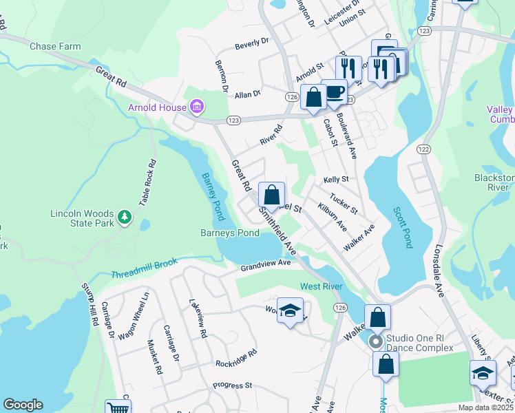 map of restaurants, bars, coffee shops, grocery stores, and more near 2 Great Road in Lincoln