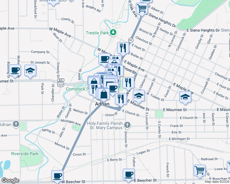 map of restaurants, bars, coffee shops, grocery stores, and more near 149 North Main Street in Adrian