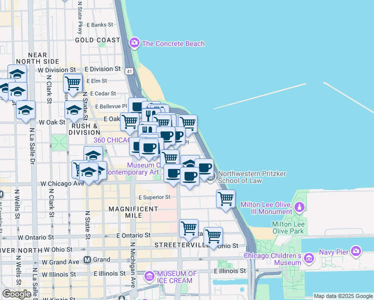 map of restaurants, bars, coffee shops, grocery stores, and more near 900 North Lake Shore Drive in Chicago