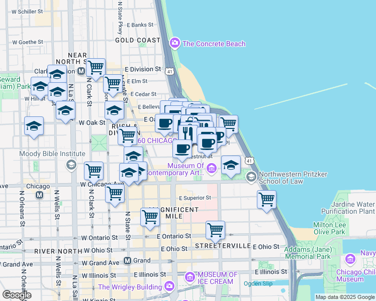 map of restaurants, bars, coffee shops, grocery stores, and more near 55 East Delaware Place in Chicago