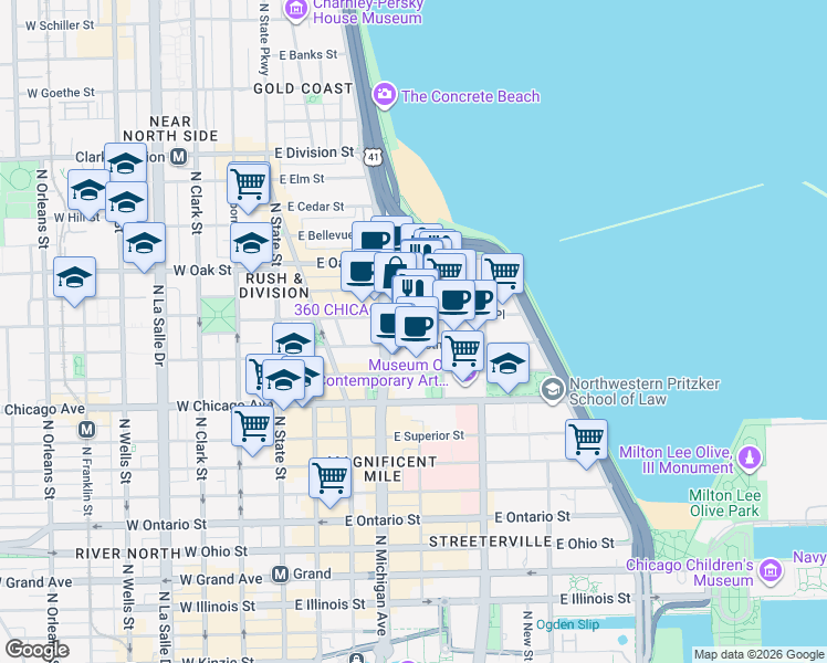 map of restaurants, bars, coffee shops, grocery stores, and more near 175 East Delaware Place in Chicago
