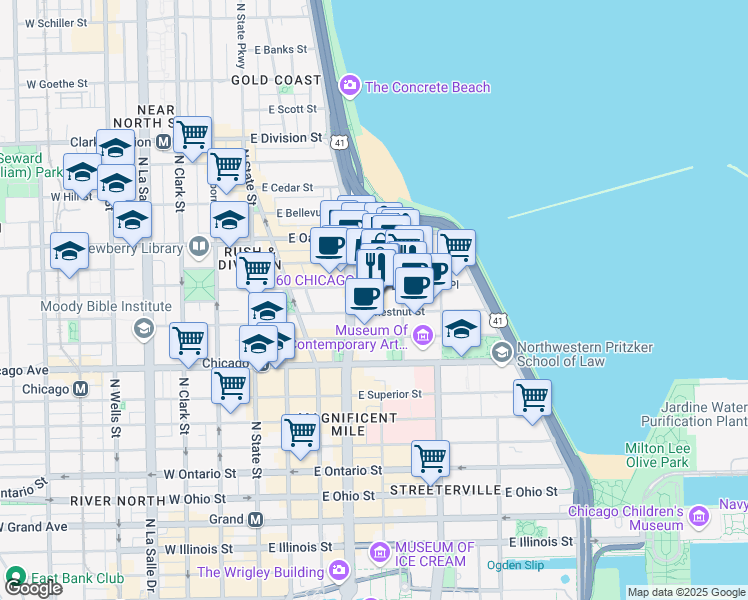 map of restaurants, bars, coffee shops, grocery stores, and more near 55 East Delaware Place in Chicago