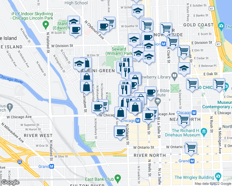 map of restaurants, bars, coffee shops, grocery stores, and more near 950 North Sedgwick Street in Chicago