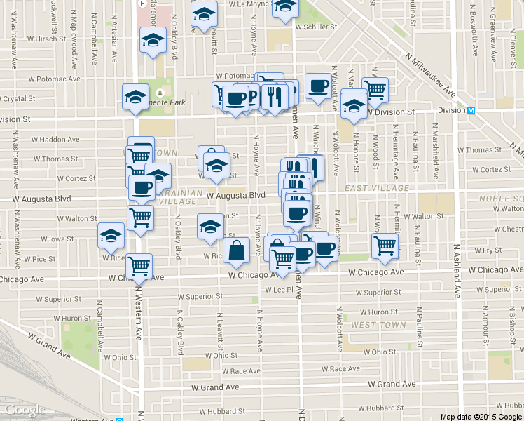 map of restaurants, bars, coffee shops, grocery stores, and more near 953 North Hoyne Avenue in Chicago
