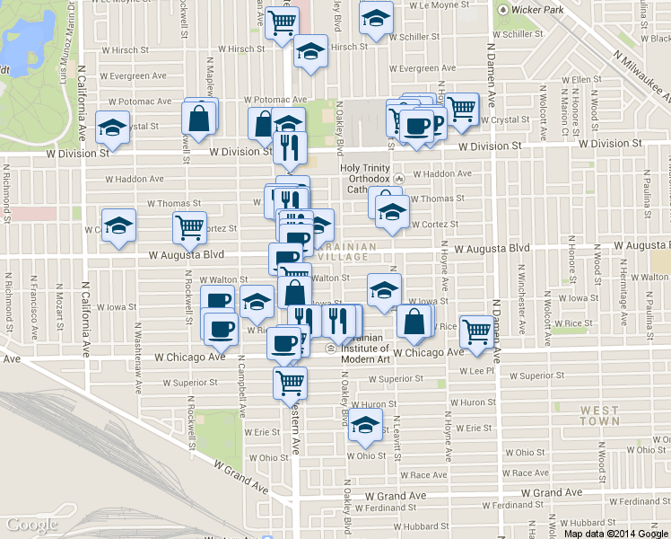 map of restaurants, bars, coffee shops, grocery stores, and more near 2322 West Augusta Boulevard in Chicago