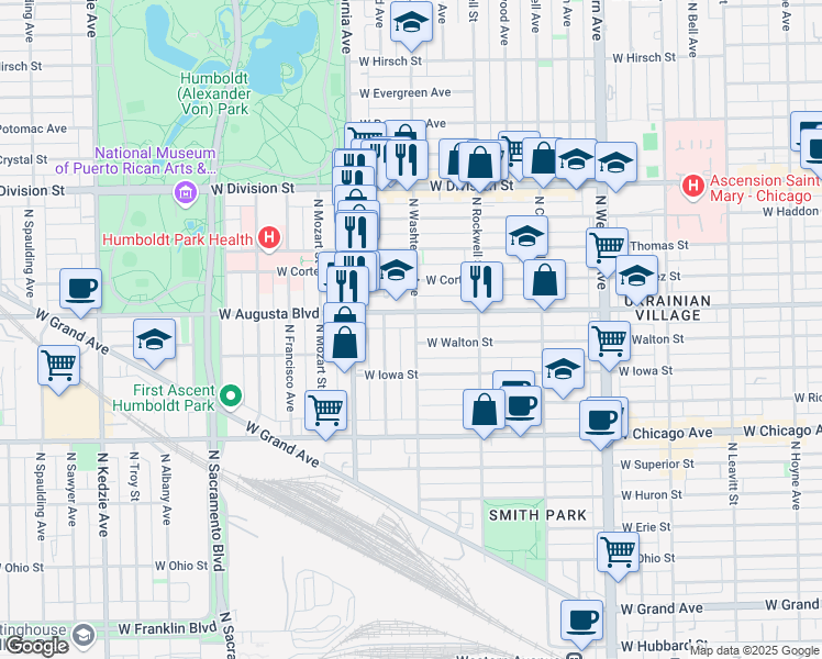 map of restaurants, bars, coffee shops, grocery stores, and more near 2700 West Augusta Boulevard in Chicago