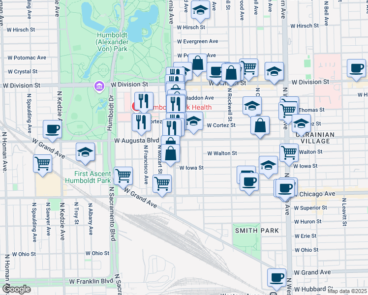 map of restaurants, bars, coffee shops, grocery stores, and more near 2740 West Augusta Boulevard in Chicago