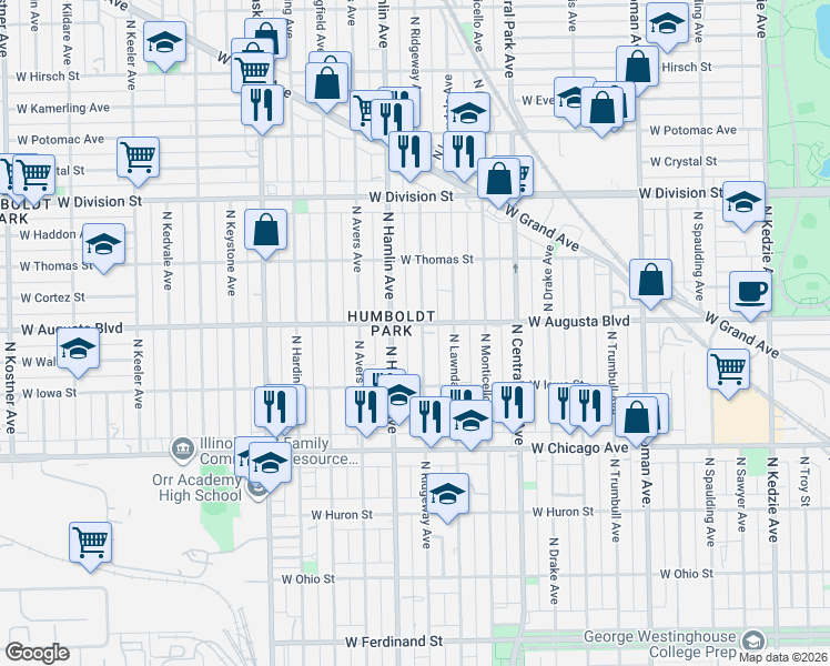 map of restaurants, bars, coffee shops, grocery stores, and more near 1015 North Ridgeway Avenue in Chicago