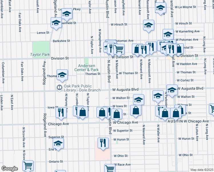map of restaurants, bars, coffee shops, grocery stores, and more near 1034 North Austin Boulevard in Oak Park
