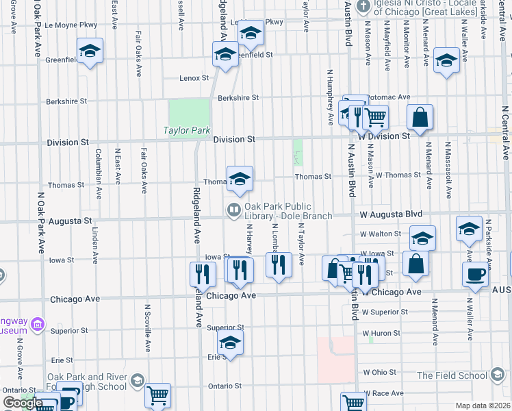 map of restaurants, bars, coffee shops, grocery stores, and more near 734 North Harvey Avenue in Oak Park
