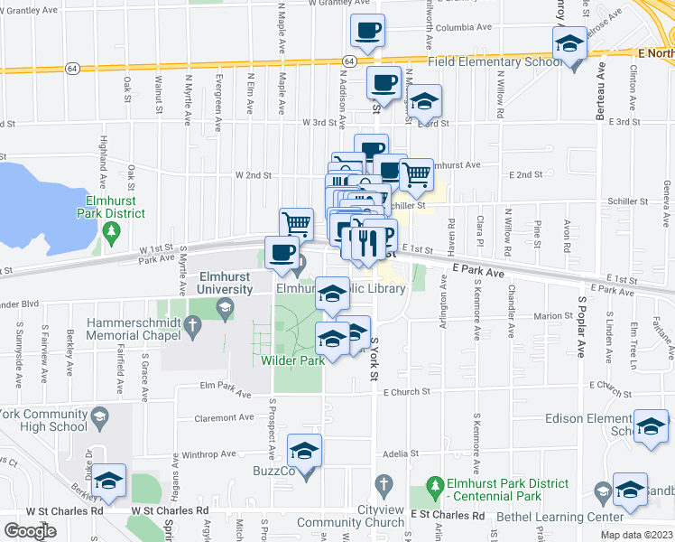 map of restaurants, bars, coffee shops, grocery stores, and more near 136 West Park Avenue in Elmhurst
