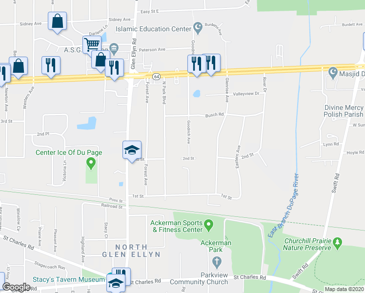 map of restaurants, bars, coffee shops, grocery stores, and more near 1N580 Goodrich Avenue in Glendale Heights