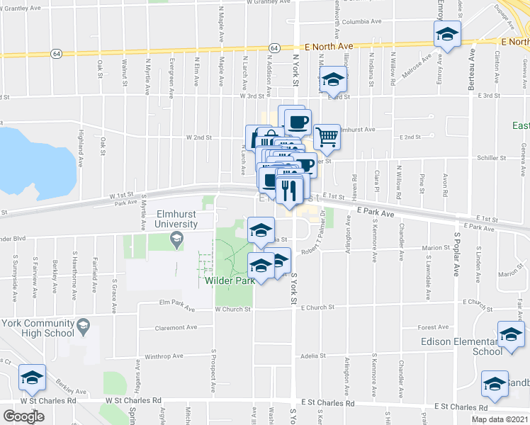 map of restaurants, bars, coffee shops, grocery stores, and more near 136 West Park Avenue in Elmhurst