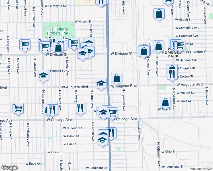 map of restaurants, bars, coffee shops, grocery stores, and more near 1000 North Cicero Avenue in Chicago