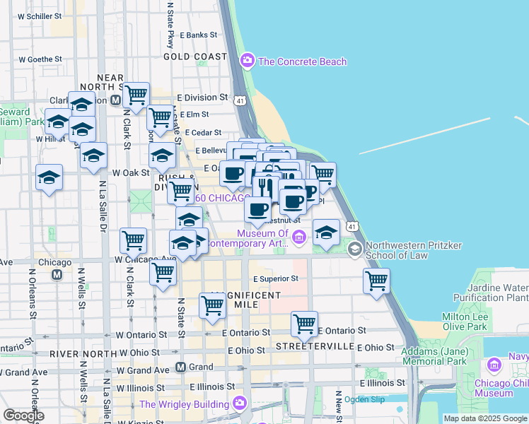 map of restaurants, bars, coffee shops, grocery stores, and more near 875 North Michigan Avenue in Chicago