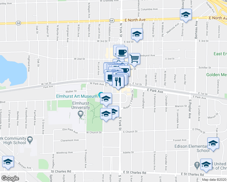 map of restaurants, bars, coffee shops, grocery stores, and more near 114A West Park Avenue in Elmhurst